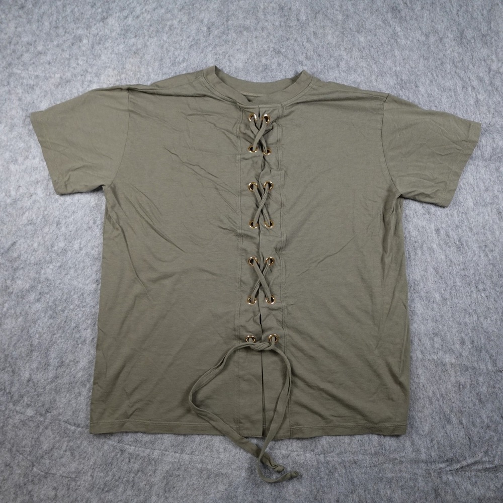 Carbon38 Top Women Small Green Lace Up Grommet Cotton Blend Tee Short Sleeve